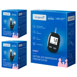 Глюкометр Longevita Family для вимірювання глюкози в крові + Тестові смужки 100шт.(2*50шт) UA