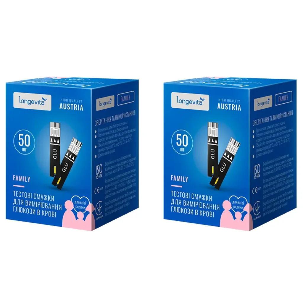 Тестовые полоски для измерения глюкозы в крови Longevita Family 100шт.(2*50шт) UA