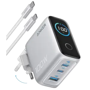МЗП Anker GaN Charger 100W, 2xUSB-C PD & 1xUSB-A w Display and Cable Silver UA