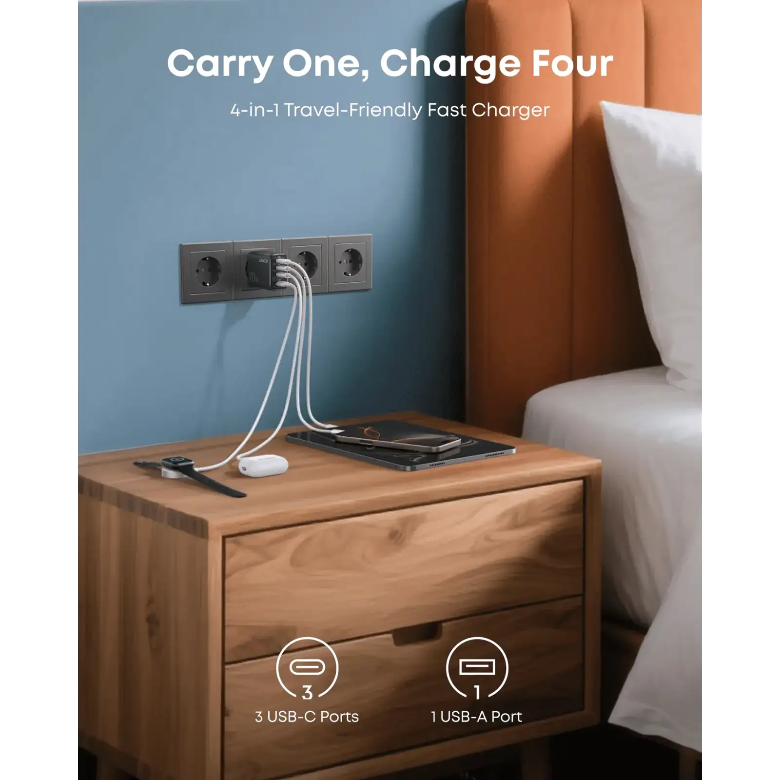 МЗП Anker Charger - 70W, 3xUSB-C PD 3.0 & 1xUSB-A Black UA