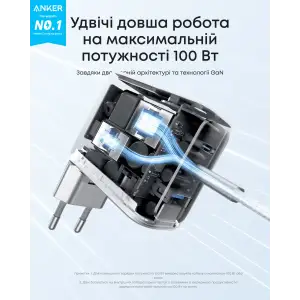 МЗП Anker GaN Charger 100W, 2xUSB-C PD & 1xUSB-A w Display and Cable Dark Gray UA