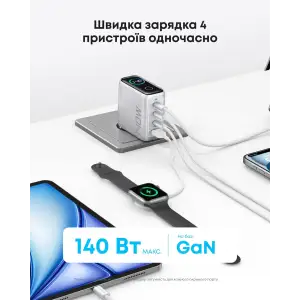 МЗП Anker Laptop GaN Charger 140W, 3xUSB-C PD3.1 & 1xUSB-A w Display and Cable Silver UA
