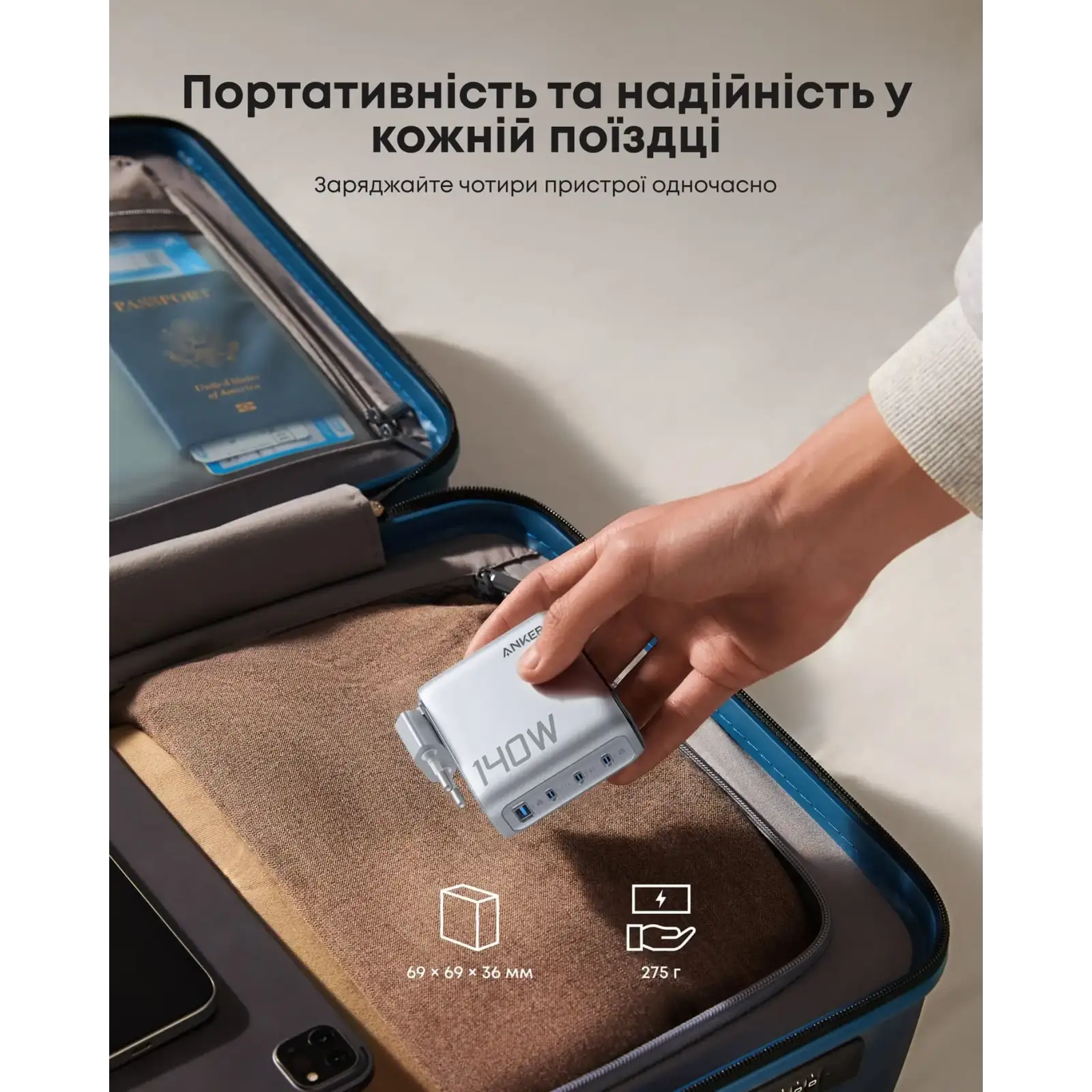 МЗП Anker Laptop GaN Charger 140W, 3xUSB-C PD3.1 & 1xUSB-A w Display and Cable Silver UA