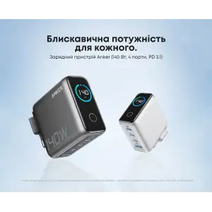 МЗП Anker Laptop GaN Charger 140W, 3xUSB-C PD3.1 & 1xUSB-A w Display and Cable Silver UA
