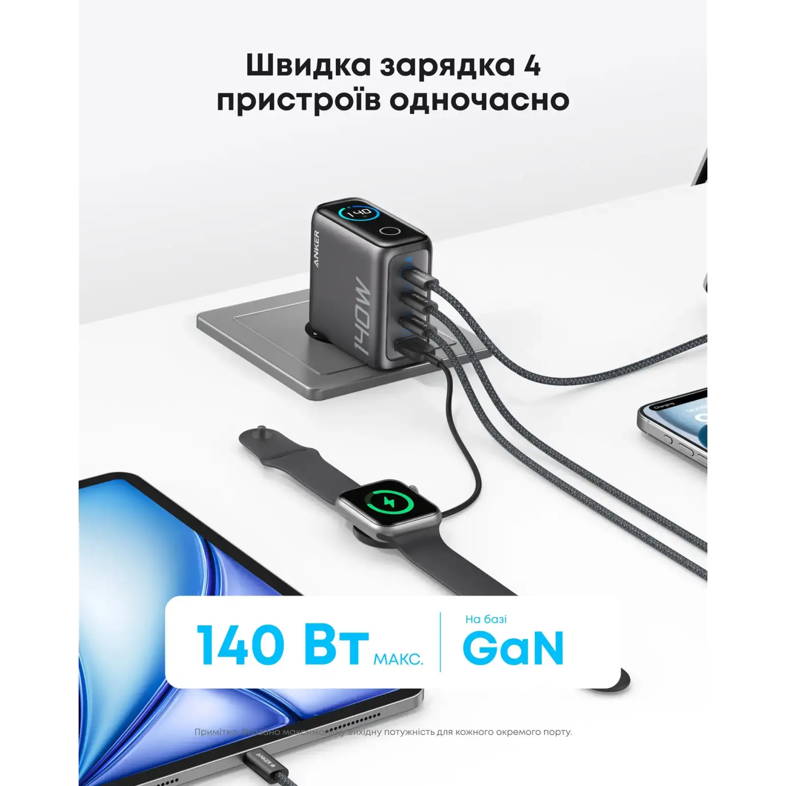 МЗП Anker Laptop GaN Charger 140W, 3xUSB-C PD3.1 & 1xUSB-A w Display and Cable Black UA