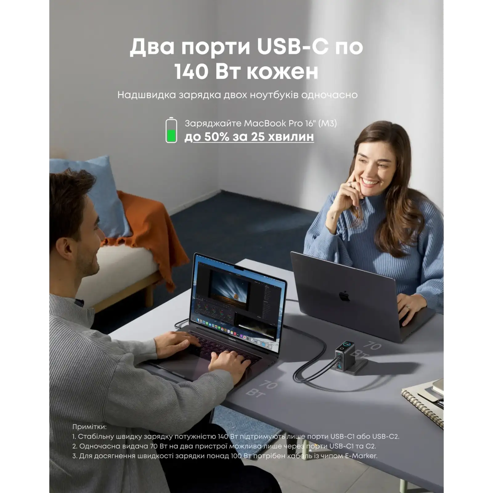 МЗП Anker Laptop GaN Charger 140W, 3xUSB-C PD3.1 & 1xUSB-A w Display and Cable Black UA