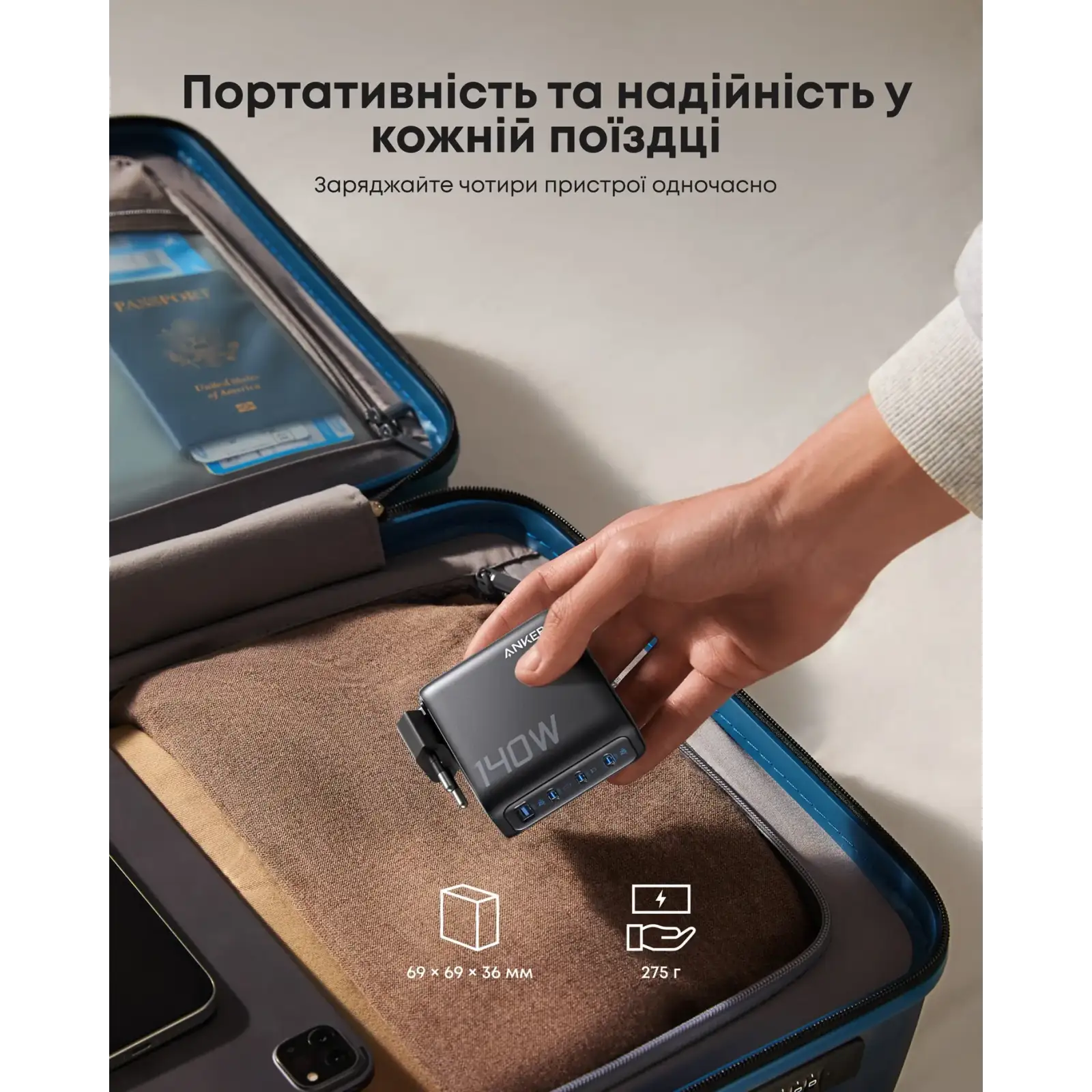МЗП Anker Laptop GaN Charger 140W, 3xUSB-C PD3.1 & 1xUSB-A w Display and Cable Black UA
