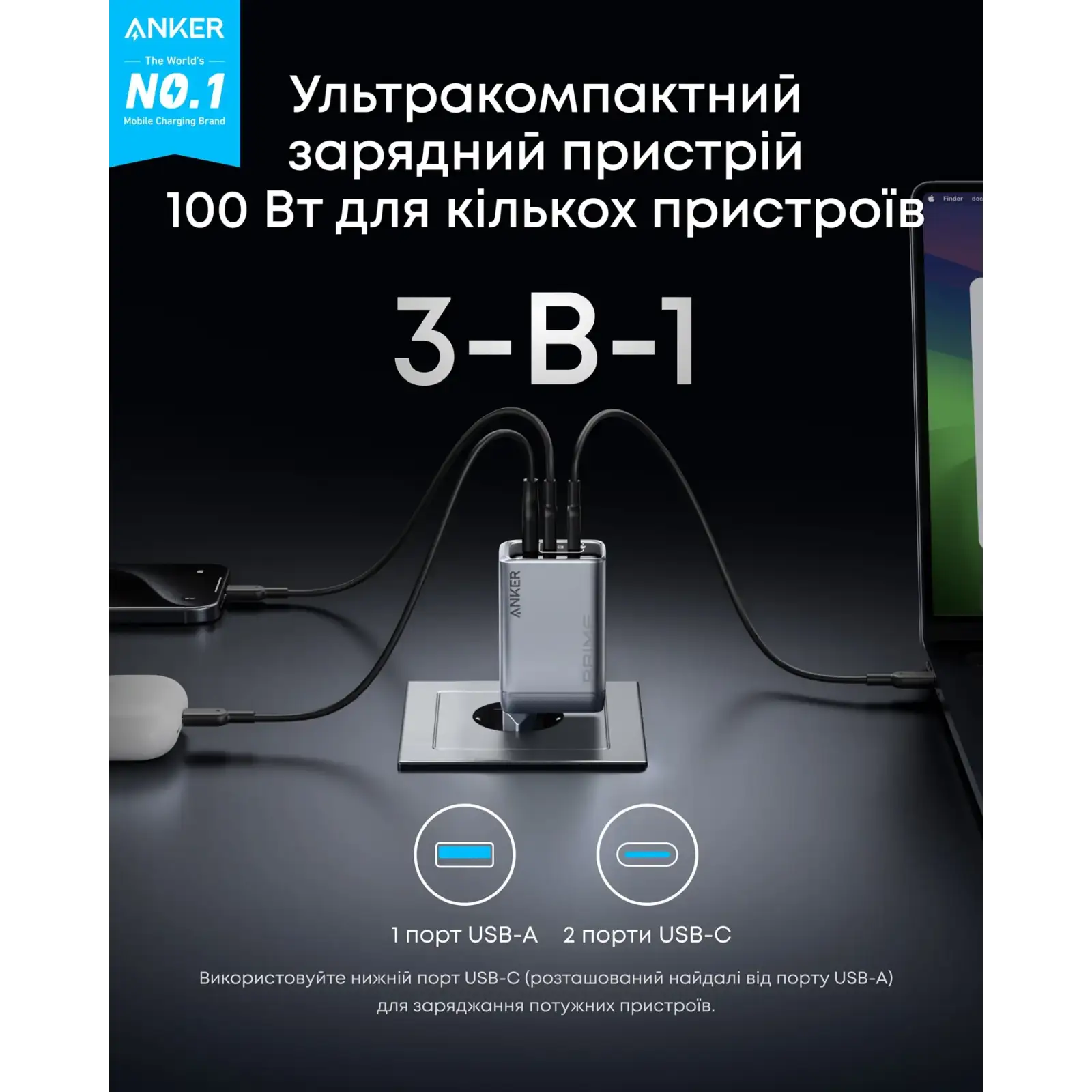 МЗП Anker GaNPrime Charger - 100W, 2xUSB-C PD & 1xUSB-A Foldable Silver UA