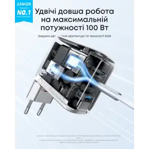 МЗП Anker GaN Charger 100W, 2xUSB-C PD & 1xUSB-A w Display and Cable Silver UA