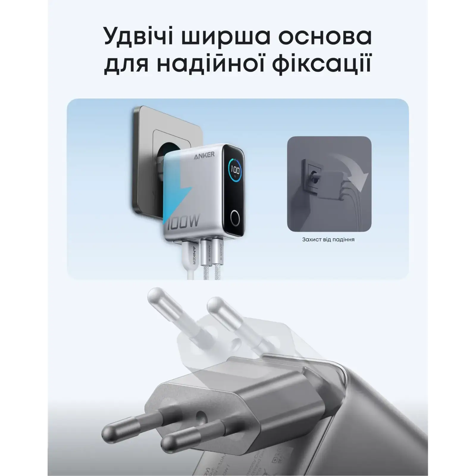 МЗП Anker GaN Charger 100W, 2xUSB-C PD & 1xUSB-A w Display and Cable Silver UA