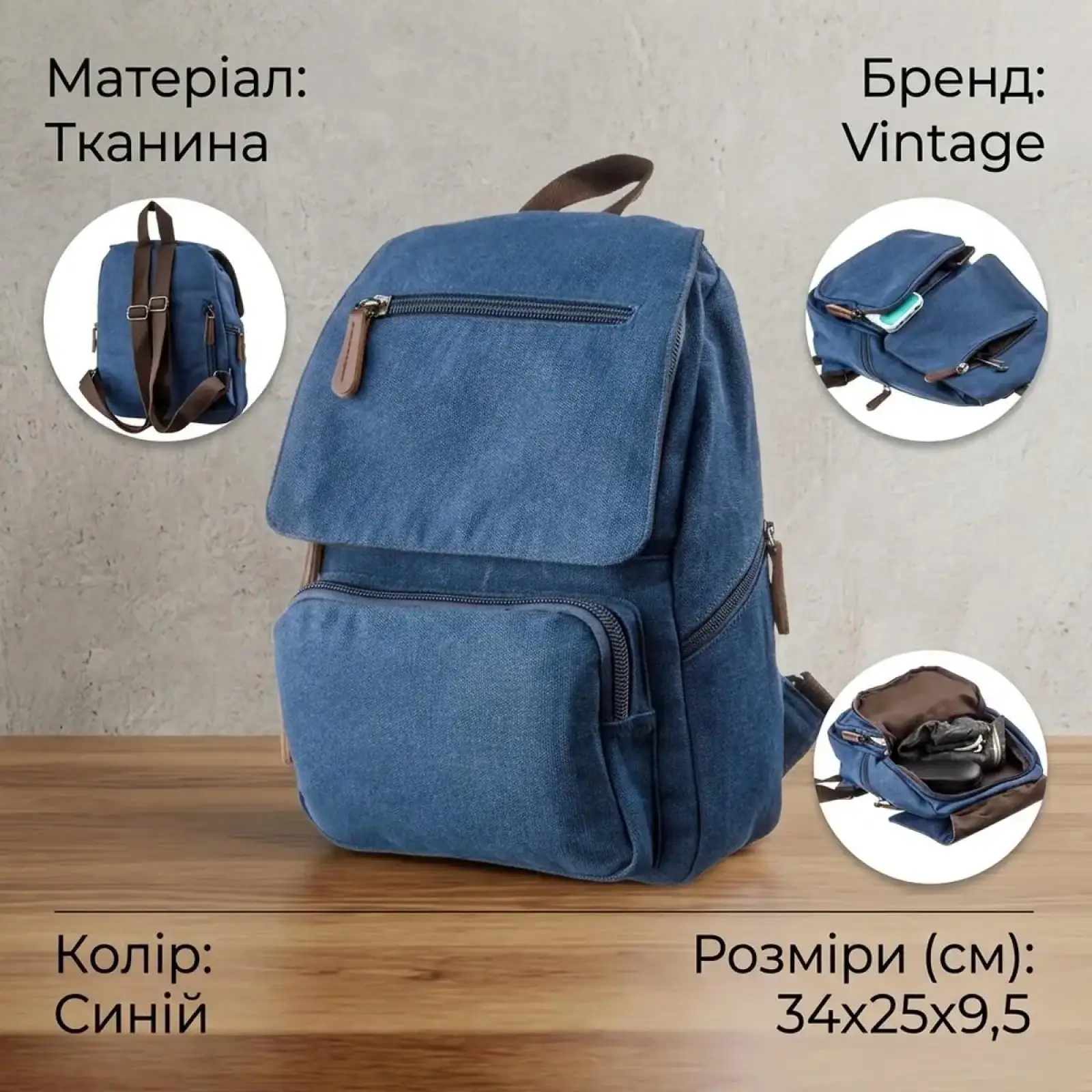 Текстильний рюкзак Vintage 20197 Синій UA