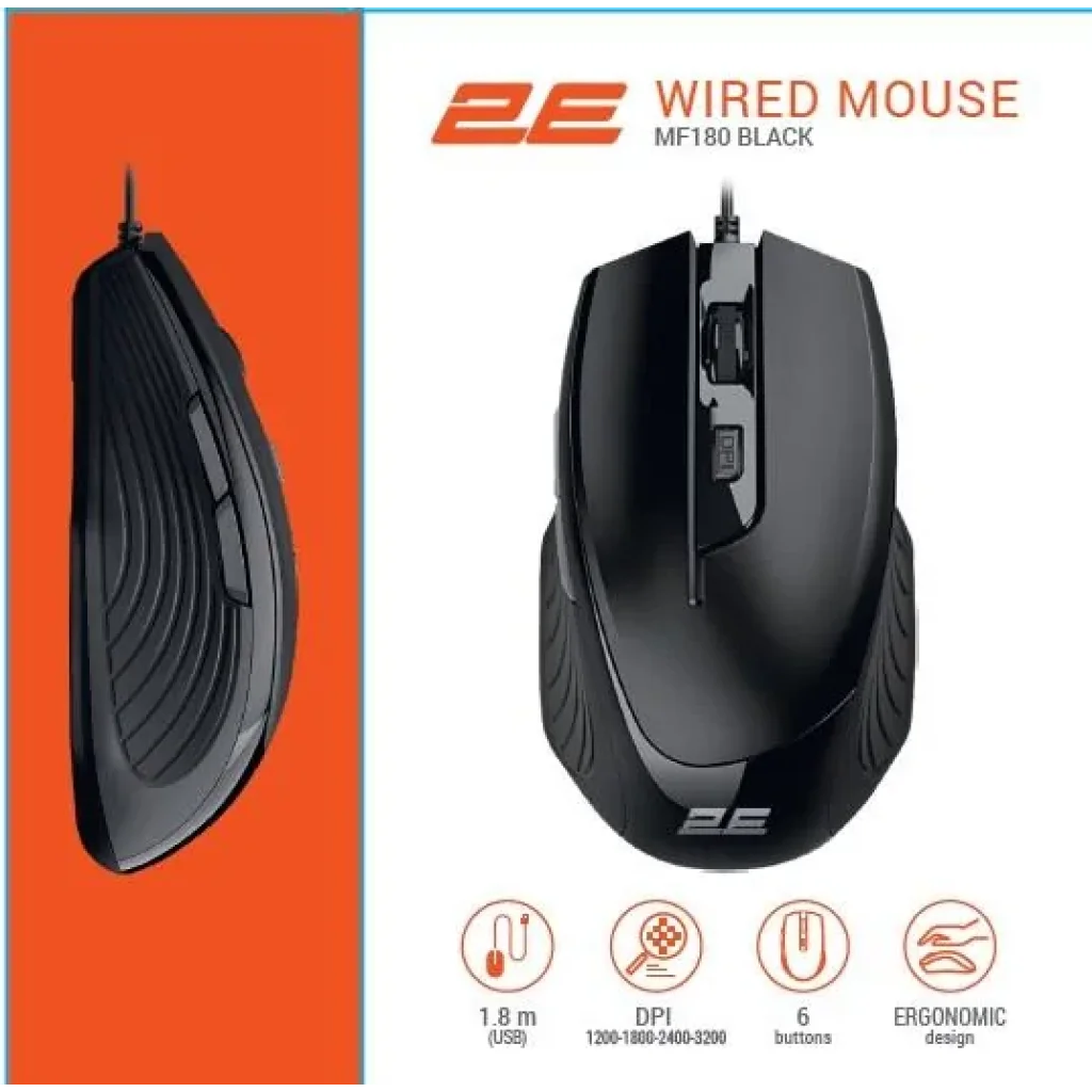 Миша 2E MF180, USB-A, чорний, 2E-MF180UB UA