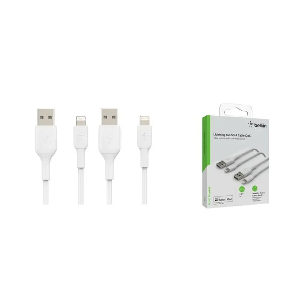 Кабель USB-A > Lightning заряджання/синхронізації Belkin 1м, 12Вт, PVC, (2 Pack), білий (CAA001BT1MWH2PK) UA