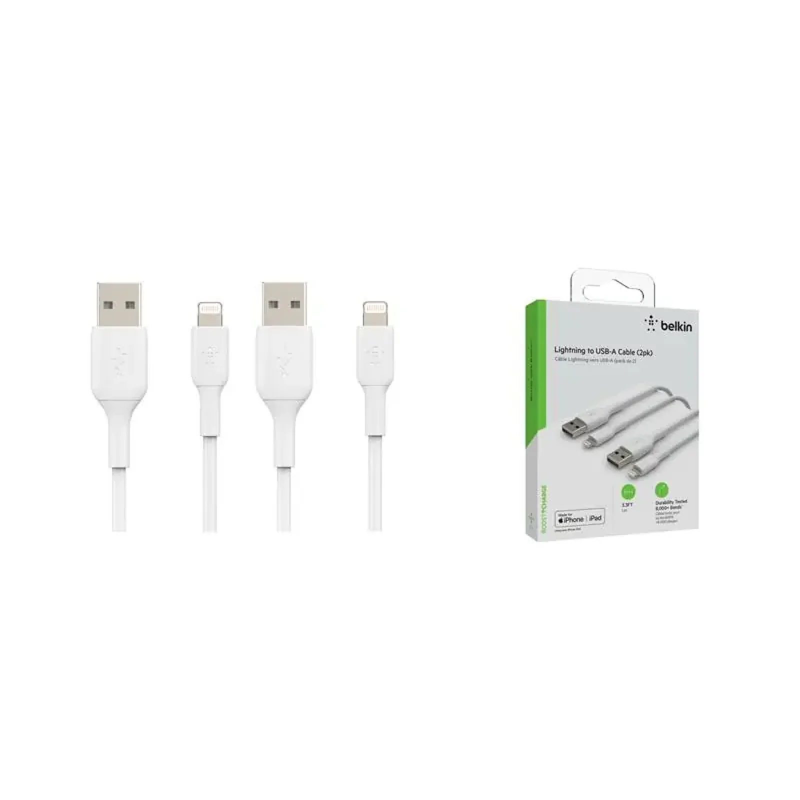 Кабель USB-A > Lightning заряджання/синхронізації Belkin 1м, 12Вт, PVC, (2 Pack), білий (CAA001BT1MWH2PK) UA
