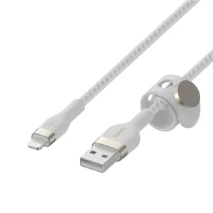 Кабель USB-A > Lightning заряджання/синхронізації Belkin 1м, плетений, силіконовий, з ремінцем на магніті, білий (CAA010BT1MWH) UA