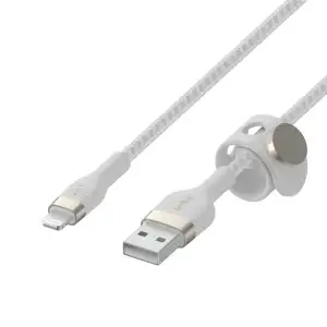 Кабель USB-A > Lightning заряджання/синхронізації Belkin, 3м, плетений, силіконовий, з ремінцем на магніті, білий (CAA010BT3MWH) UA