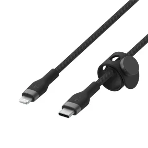 Кабель USB-C > Lightning заряджання/синхронізації Belkin 1м, Type-C, плетений, силіконовий, з ремінцем на магніті, чорний (CAA011BT1MBK) UA