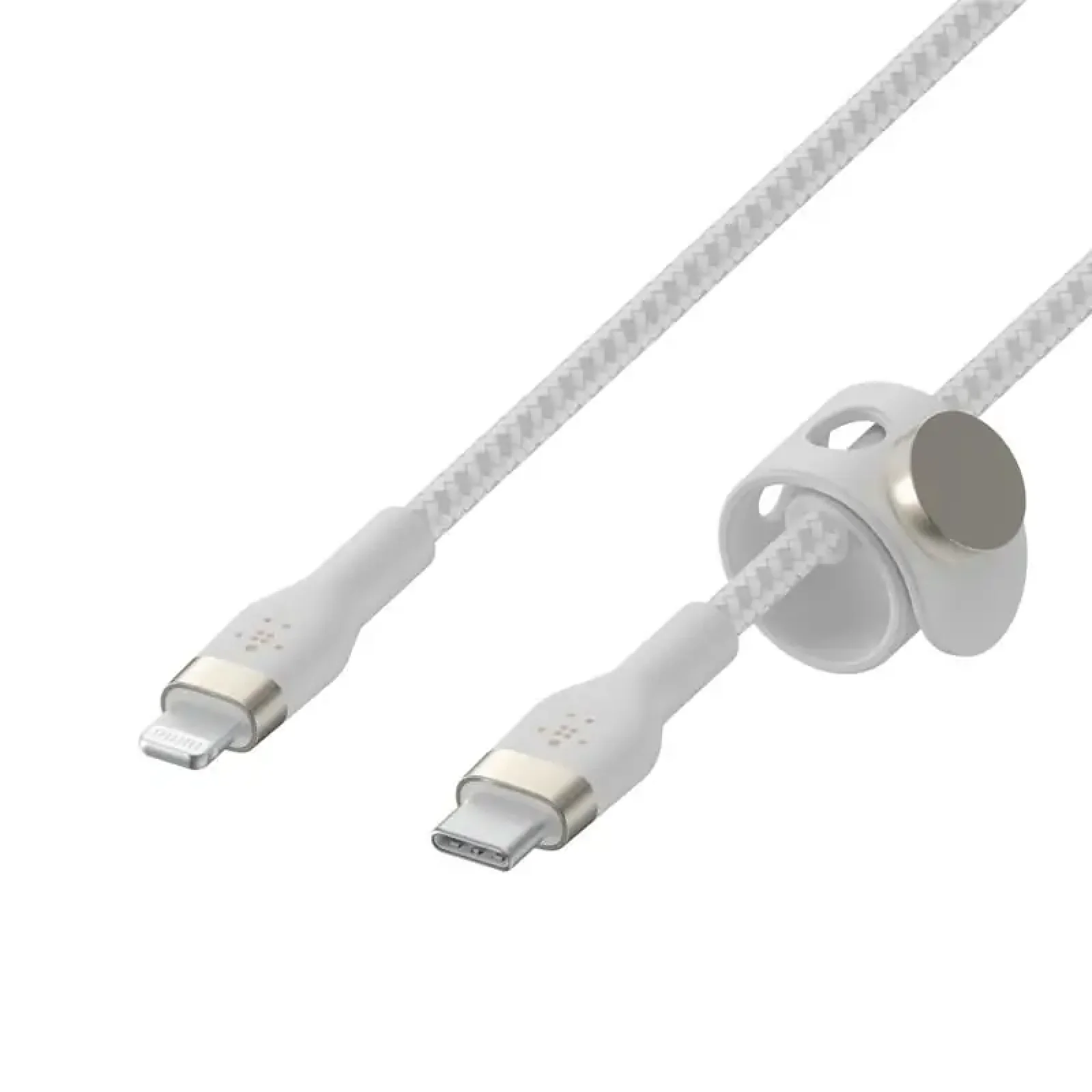 Кабель USB-C > Lightning заряджання/синхронізації Belkin 1м, Type-C, плетений, силіконовий, з ремінцем на магніті, білий (CAA011BT1MWH) UA