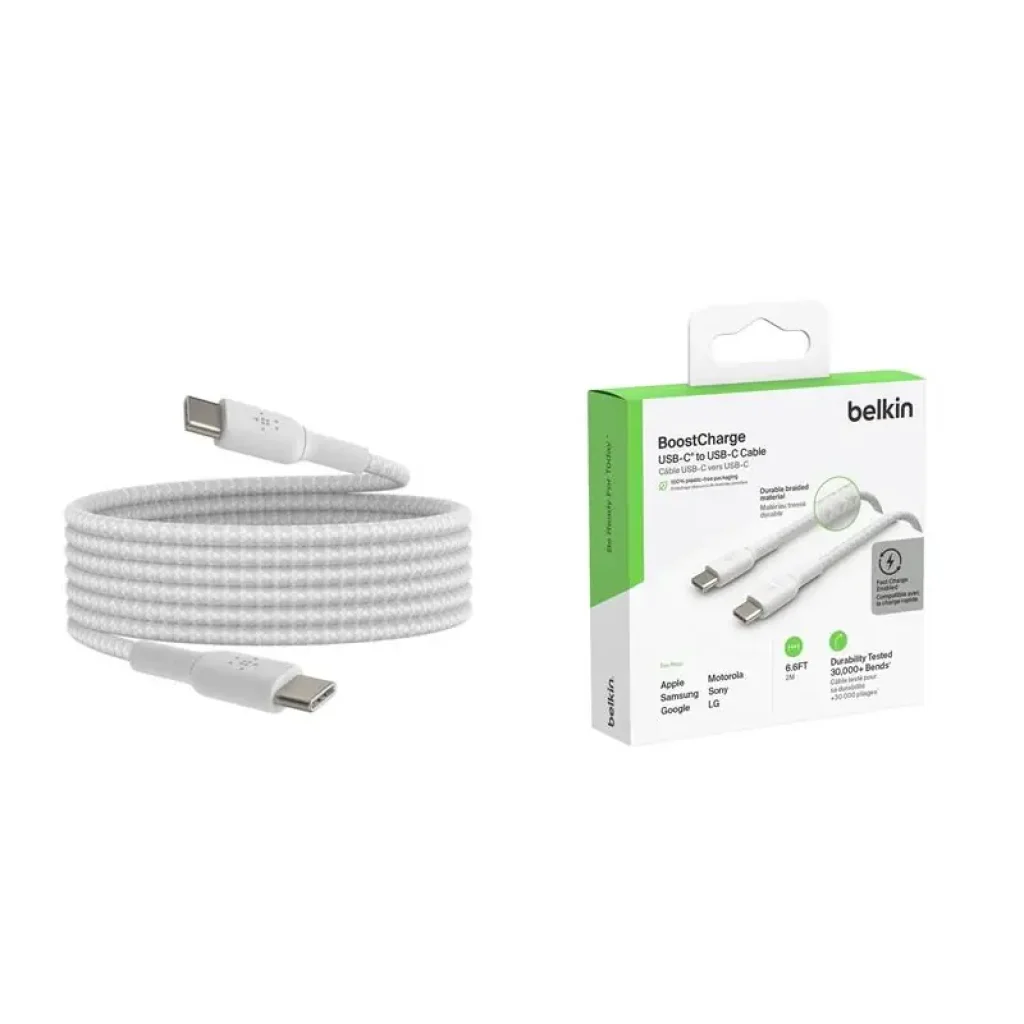 Кабель USB-C > USB-C заряджання/синхронізації Belkin 2м, 60Вт, Type-C, плетений, білий (CAB004BT2MWH) UA