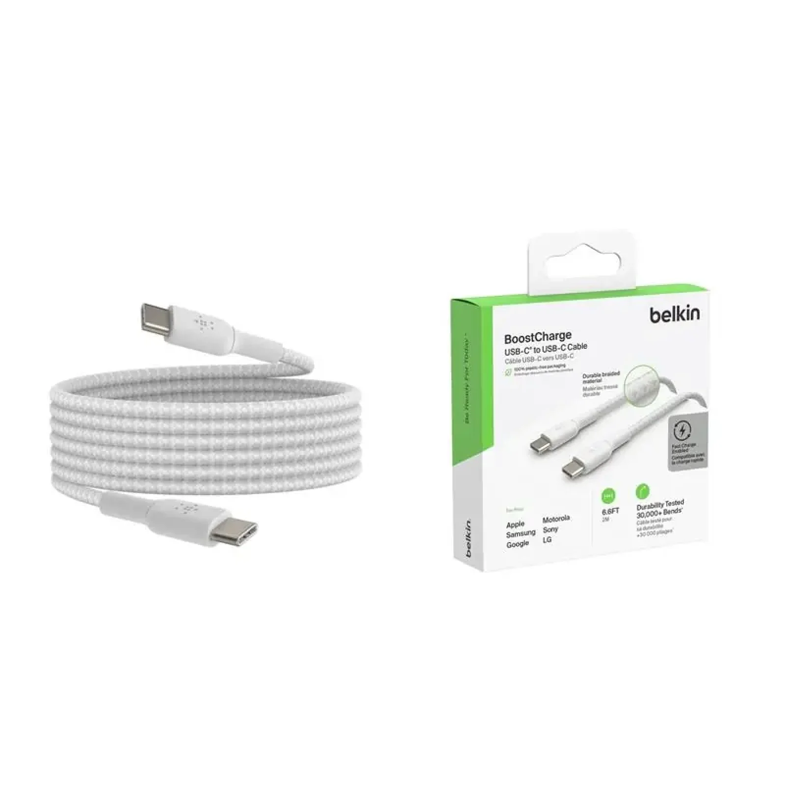 Кабель USB-C > USB-C заряджання/синхронізації Belkin 2м, 60Вт, Type-C, плетений, білий (CAB004BT2MWH) UA