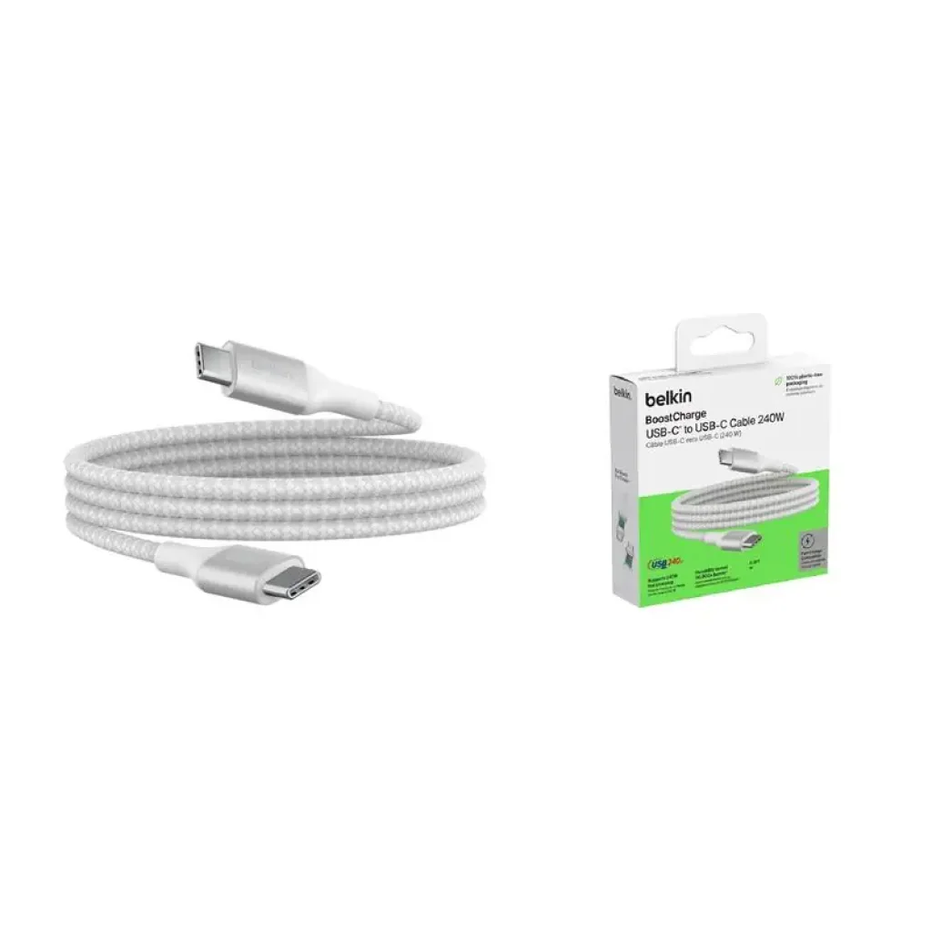 Кабель USB-C > USB-C заряджання/синхронізації Belkin 1м, 240Вт, Type-C, плетений, білий (CAB015BT1MWH) UA