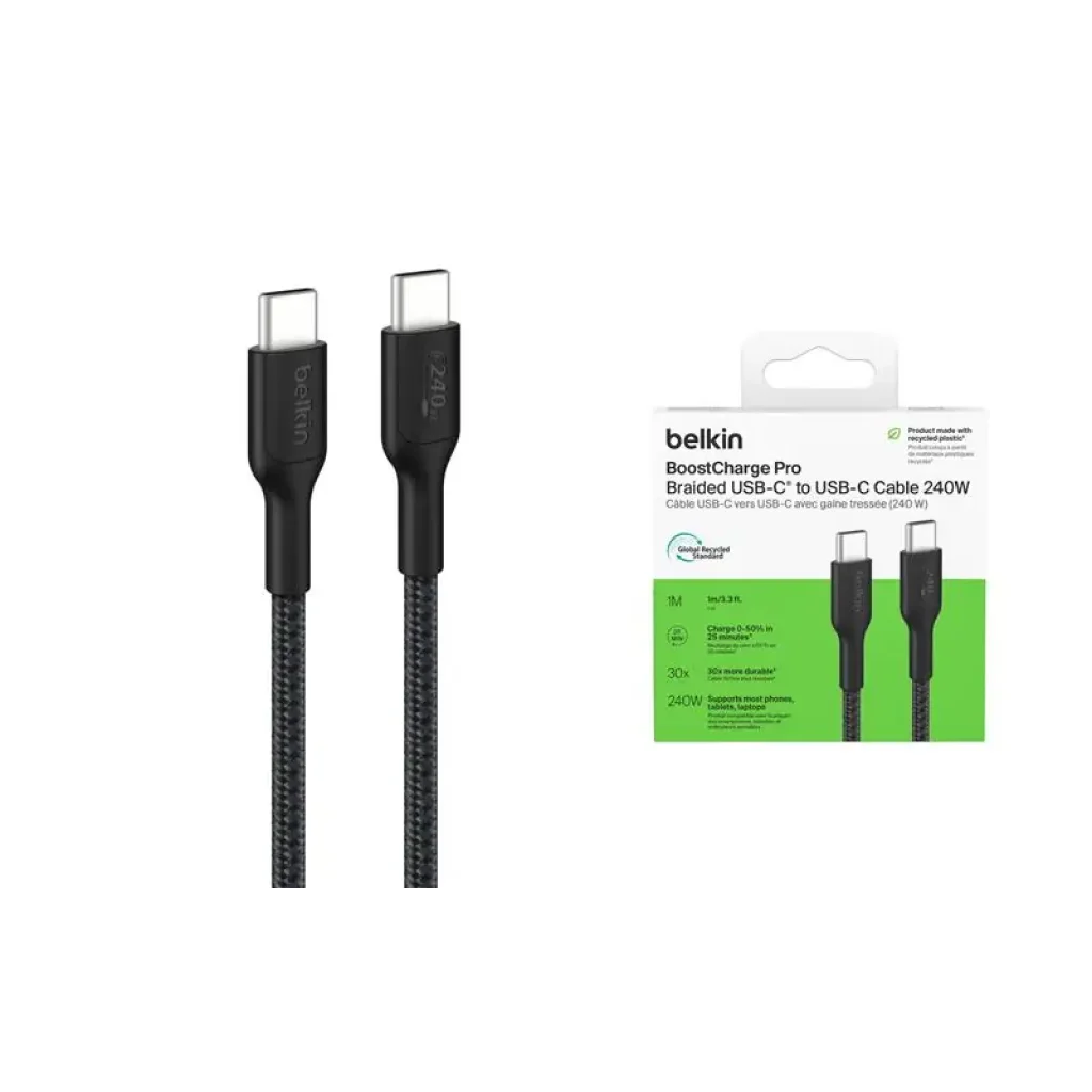 Кабель USB-C > USB-C заряджання/синхронізації Belkin 1м, 240Вт, Type-C, плетений, чорний (CAB025HQ1MBK) UA