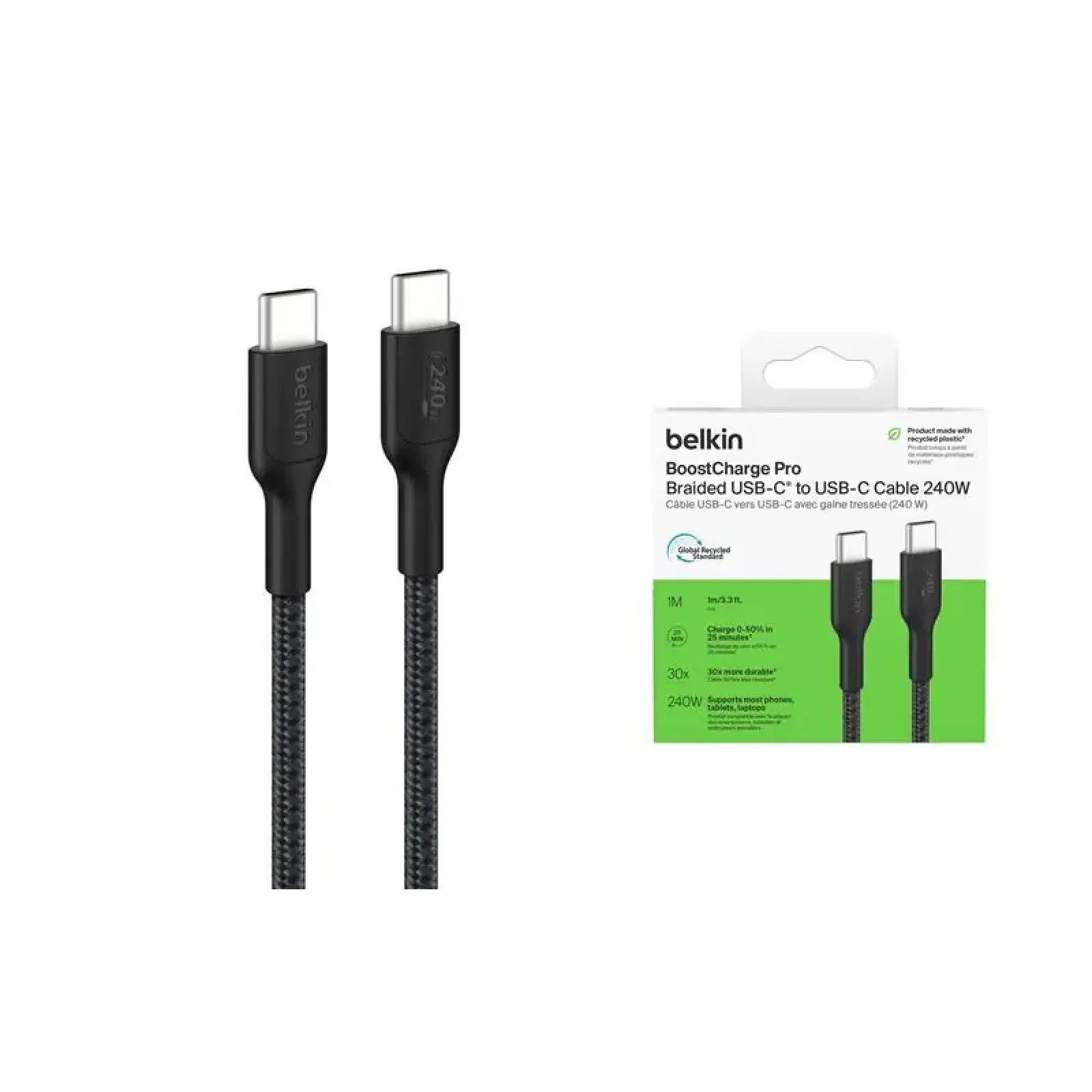 Кабель USB-C > USB-C заряджання/синхронізації Belkin 1м, 240Вт, Type-C, плетений, чорний (CAB025HQ1MBK) UA