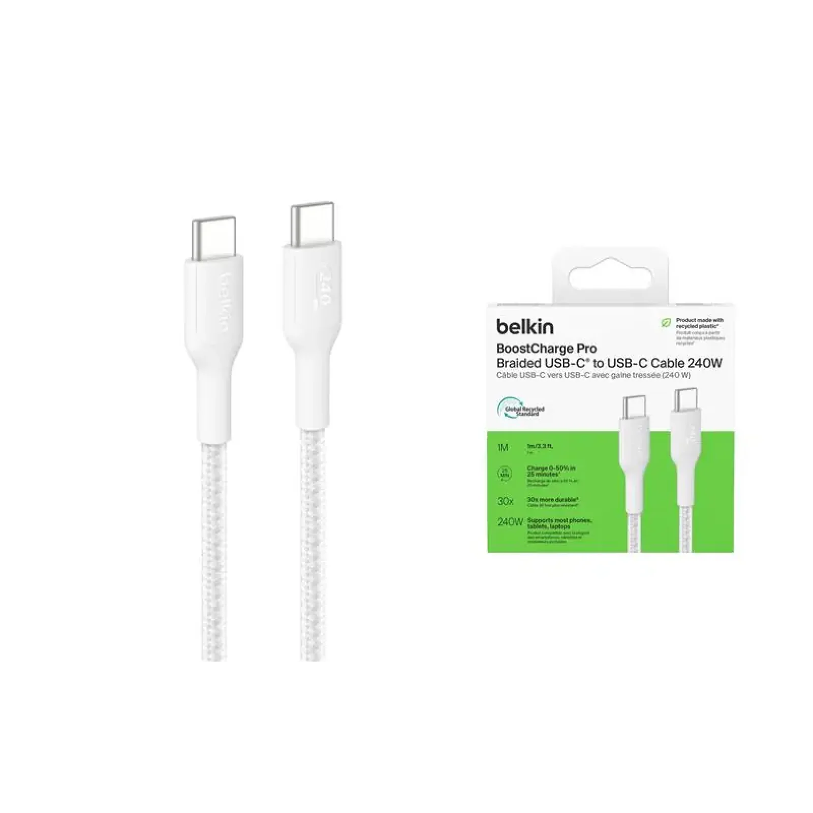 Кабель USB-C > USB-C заряджання/синхронізації Belkin 1м, 240Вт, Type-C, плетений, білий (CAB025HQ1MWH) UA