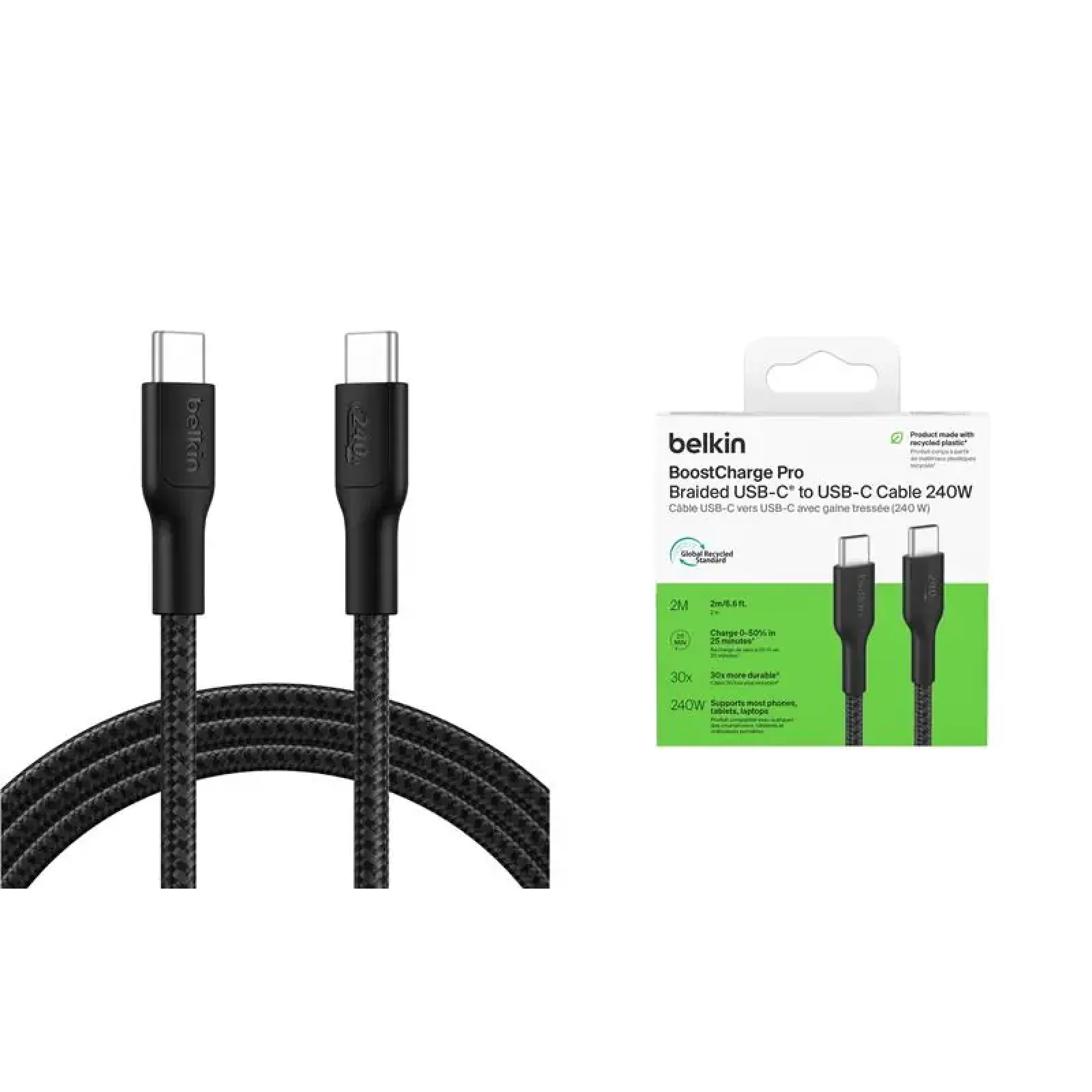 Кабель USB-C > USB-C заряджання/синхронізації Belkin 2м, 240Вт, Type-C, плетений, чорний (CAB025HQ2MBK) UA