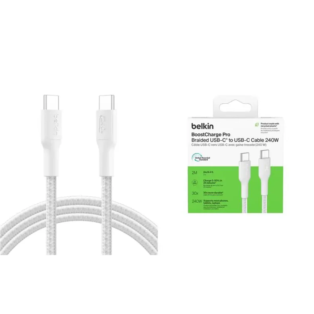 Кабель USB-C > USB-C заряджання/синхронізації Belkin 2м, 240Вт, Type-C, плетений, білий (CAB025HQ2MWH) UA