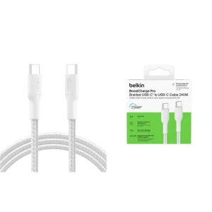 Кабель USB-C > USB-C заряджання/синхронізації Belkin 2м, 240Вт, Type-C, плетений, білий (CAB025HQ2MWH) UA