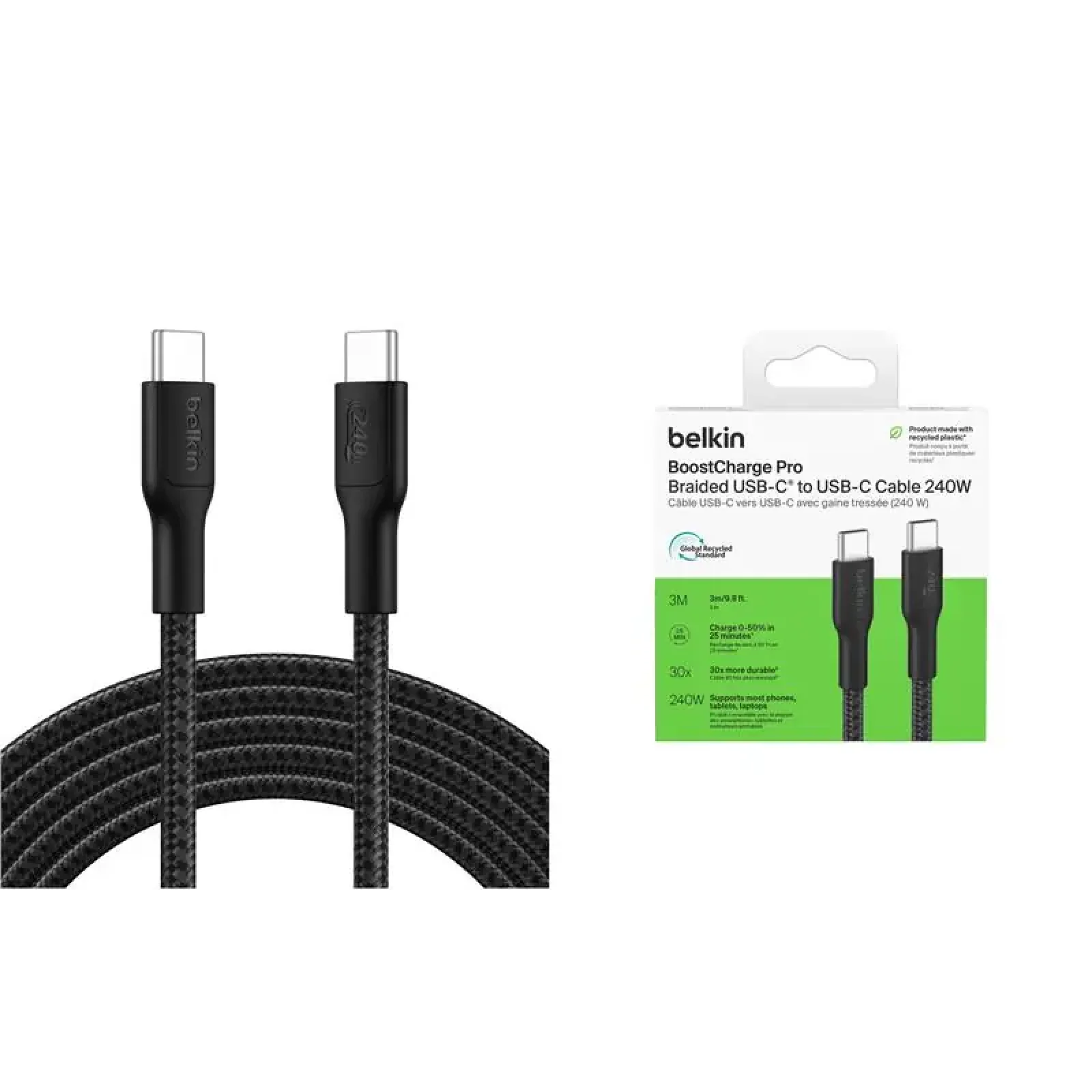 Кабель USB-C > USB-C заряджання/синхронізації Belkin 3м, 240Вт, Type-C, плетений, чорний (CAB025HQ3MBK) UA