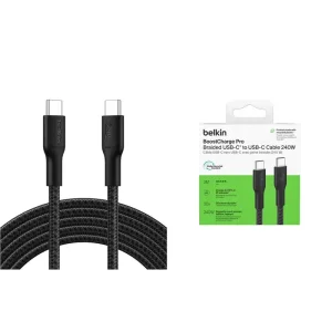 Кабель USB-C > USB-C заряджання/синхронізації Belkin 3м, 240Вт, Type-C, плетений, чорний (CAB025HQ3MBK) UA