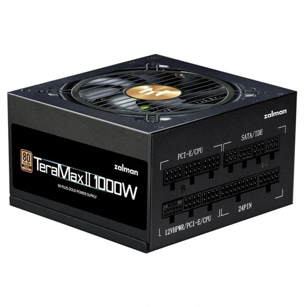 Блок живлення Zalman Teramax 2 (1000W) >90% 80+ Gold 120мм 1xMB 28pin (18+10) 2xCPU 8pin(4+4) 3xMolex 12xSATA 4xPCIe 8pin(6+2) 1x12VHPWR Fully Modular, ZM1000-TMX2 UA