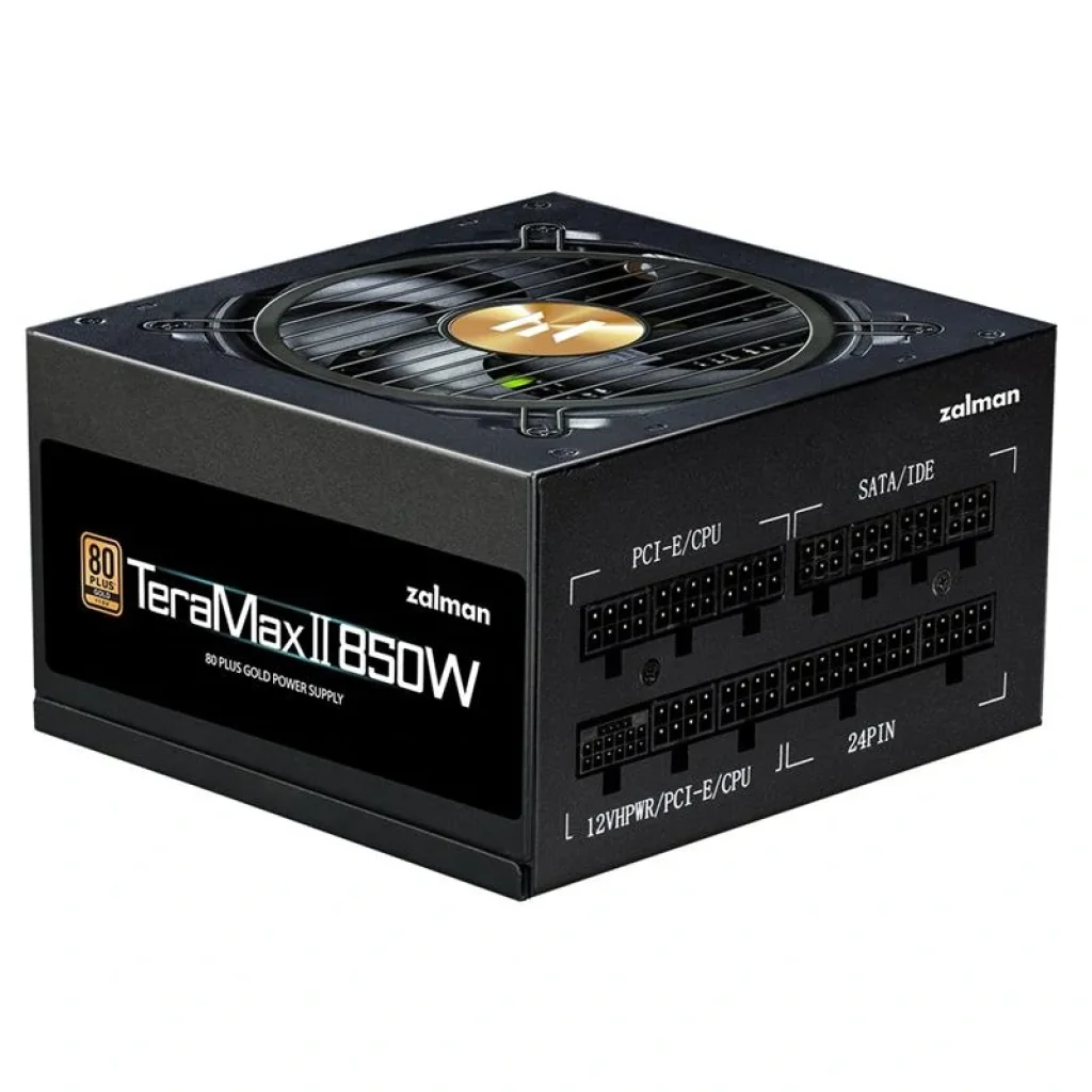 Блок живлення Zalman Teramax 2 (850W) >90% 80+ Gold 120мм 1xMB 28pin (18+10) 2xCPU 8pin(4+4) 3xMolex 12xSATA 4xPCIe 8pin(6+2) 1x12VHPWR Fully Modular, ZM850-TMX2 UA