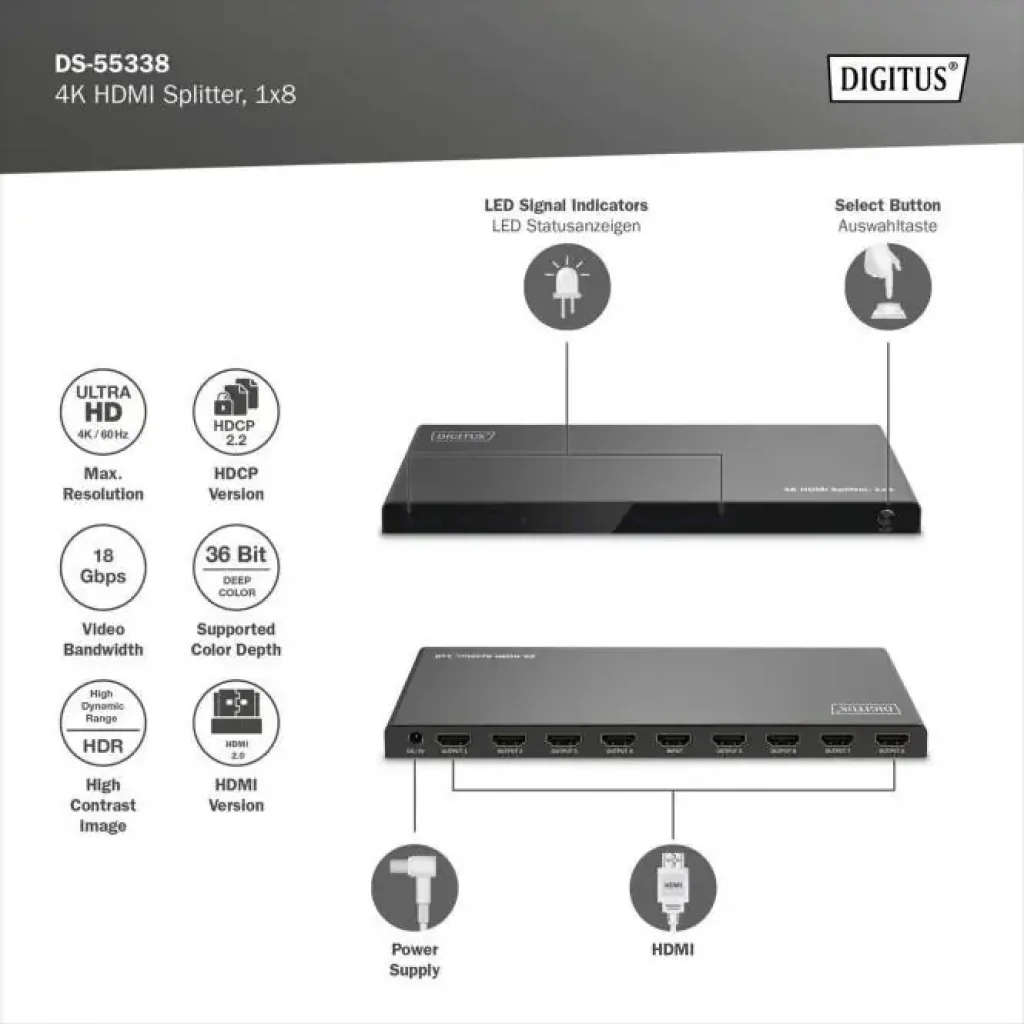 Відеосплітер DIGITUS HDMI (INx1 - OUTx8), 4K (DS-55338) UA