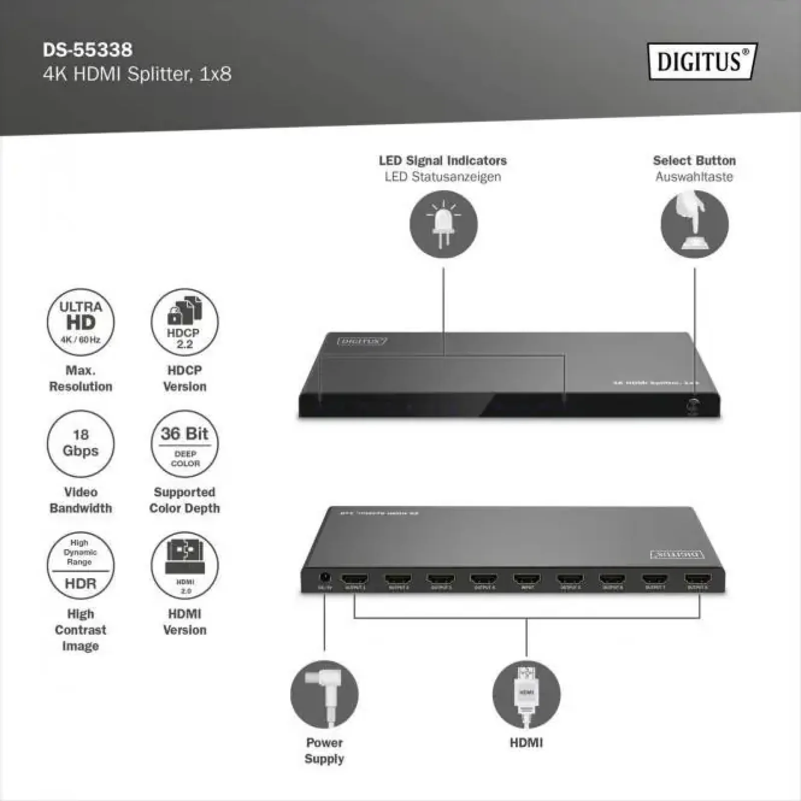 Відеосплітер DIGITUS HDMI (INx1 - OUTx8), 4K (DS-55338) UA