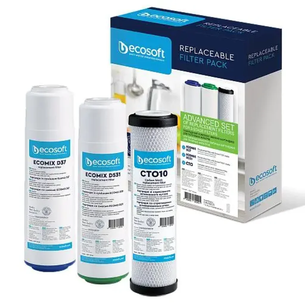 Комплект картриджів Ecosoft 1-2-3 Premium, видаляє жорсткість, хлор, важкі метали, феноли (CRV3ECO) UA