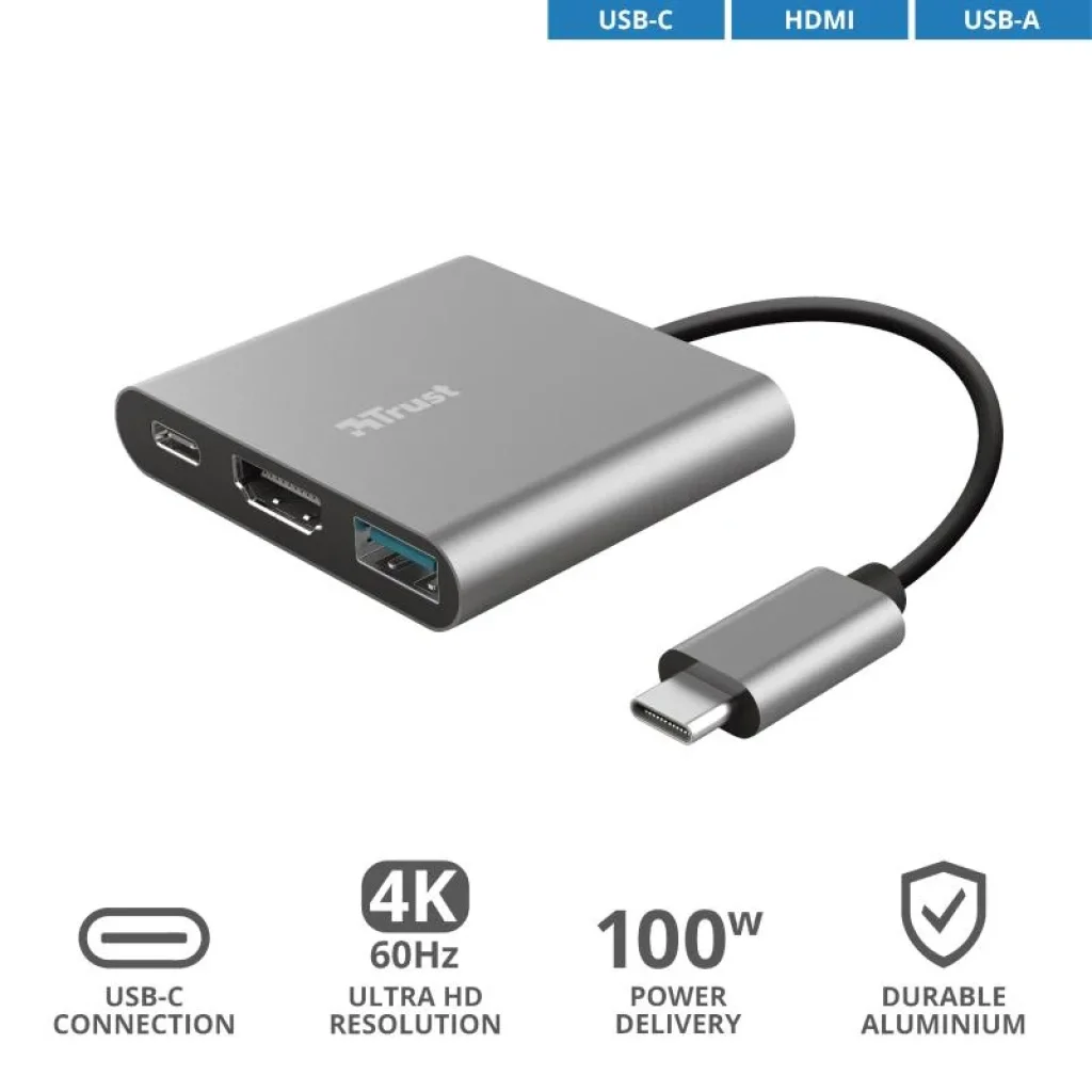 Хаб Trust Dalyx 3-in-1 USB-С > USB-А 3.2/USB-С/HDMI, Алюміній, 0.1м, Чорний, 23772_TRUST UA