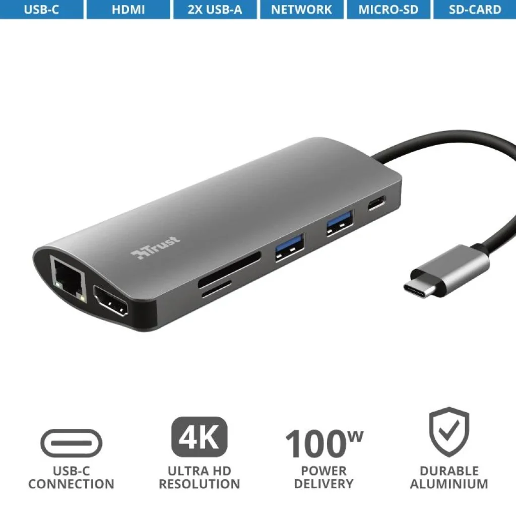 Хаб Trust DALYX 7-IN-1 USB-С > 2xUSB-А 3.2/USB-С/HDMI/Ehernet/SD/microSD, Алюміній, 0.25м, Сірий, 23775_TRUST UA