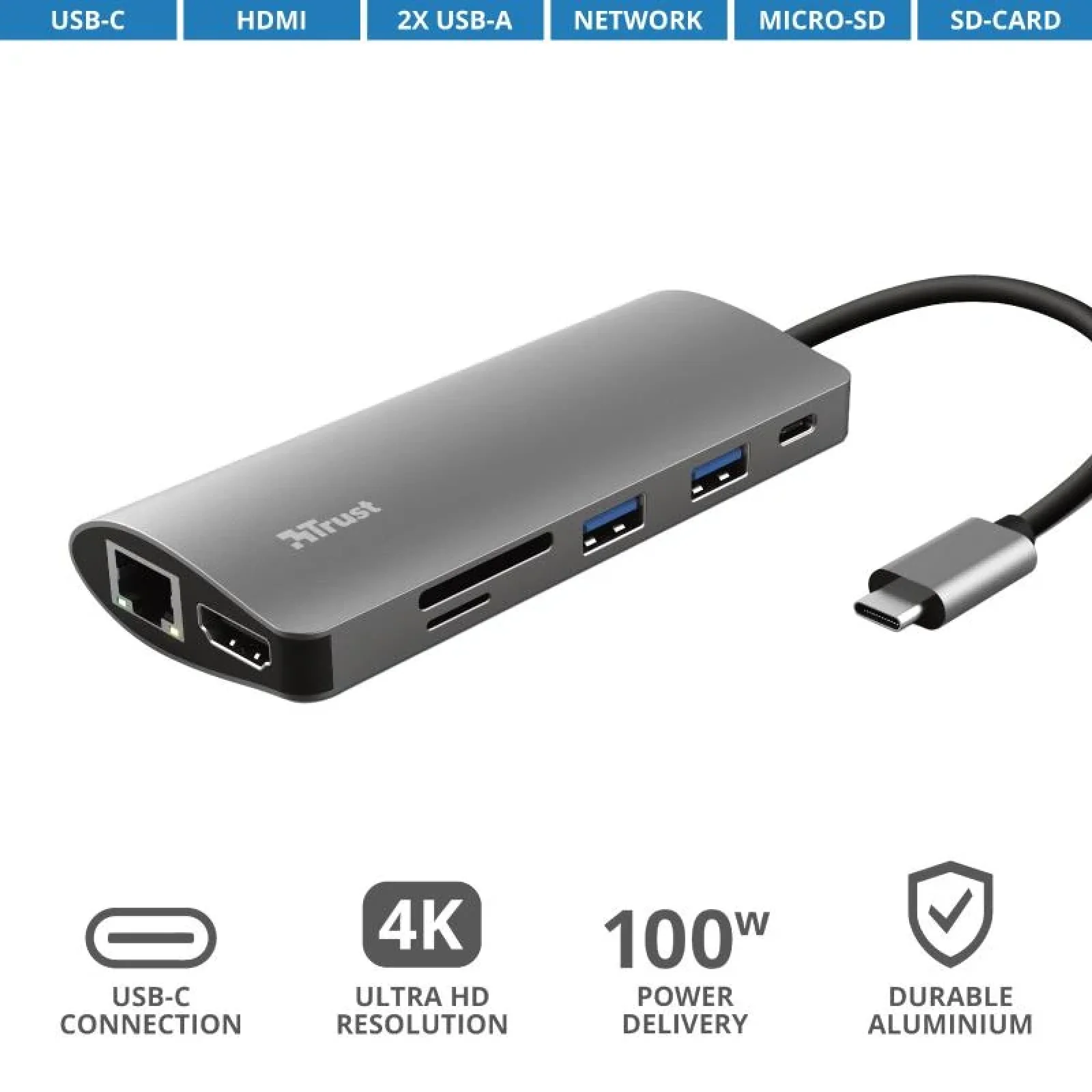 Хаб Trust DALYX 7-IN-1 USB-С > 2xUSB-А 3.2/USB-С/HDMI/Ehernet/SD/microSD, Алюміній, 0.25м, Сірий, 23775_TRUST UA