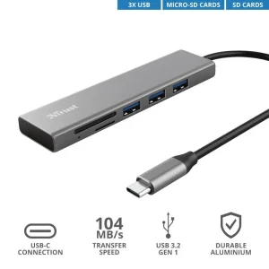 Хаб Trust Halyx USB-С > 3xUSB-А 3.2/SD/microSD, Алюміній, 0.15м, Сірий, 24191_TRUST UA