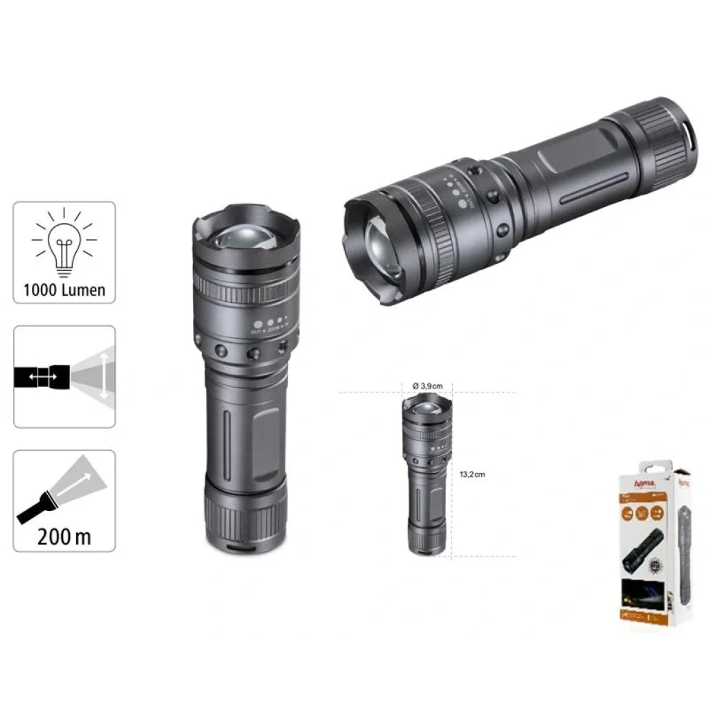 Ліхтар ручний на батарейках Hama Ultra Pro LED Torch, AAAx4, 1000лм, 10Вт, LED, 4 функції освітлення, чорний, 00185801 UA