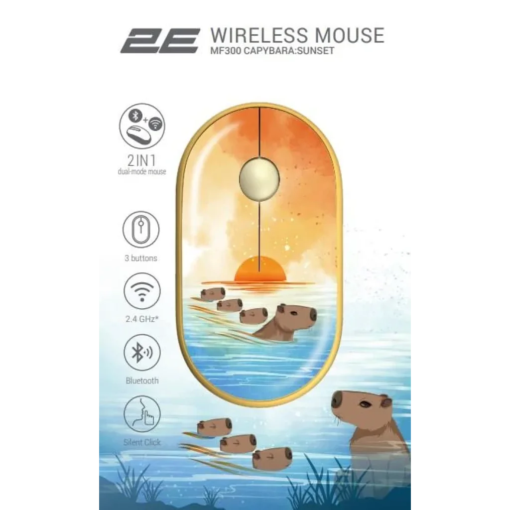 Миша 2E MF300 CAPYBARA:SUNSET Silent WL BT, жовтий, 2E-MF300WCAPIBARAYW UA