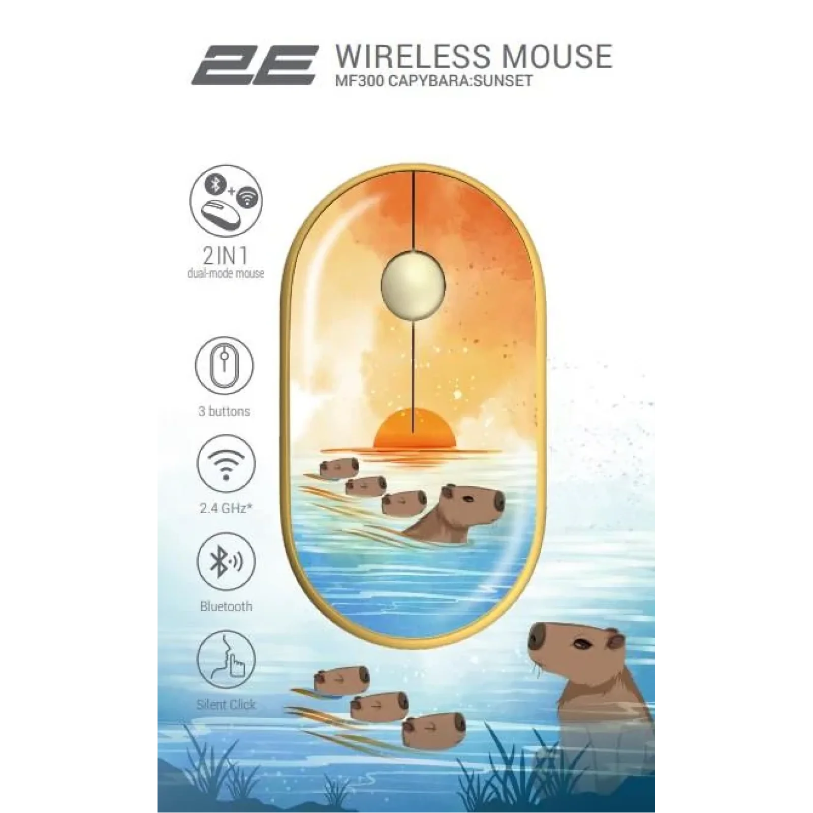 Миша 2E MF300 CAPYBARA:SUNSET Silent WL BT, жовтий, 2E-MF300WCAPIBARAYW UA