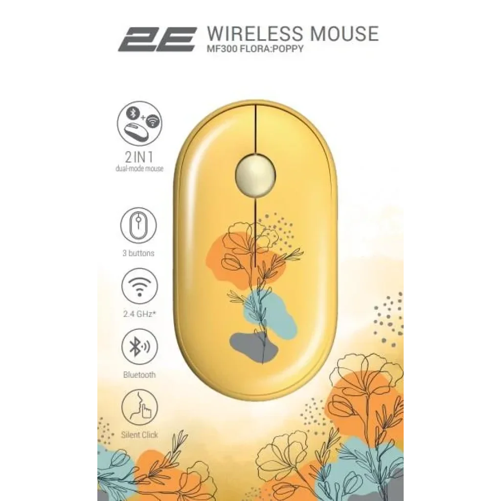 Миша 2E MF300 FLORA:POPPY Silent WL BT, жовтий, 2E-MF300WFLORAYW UA