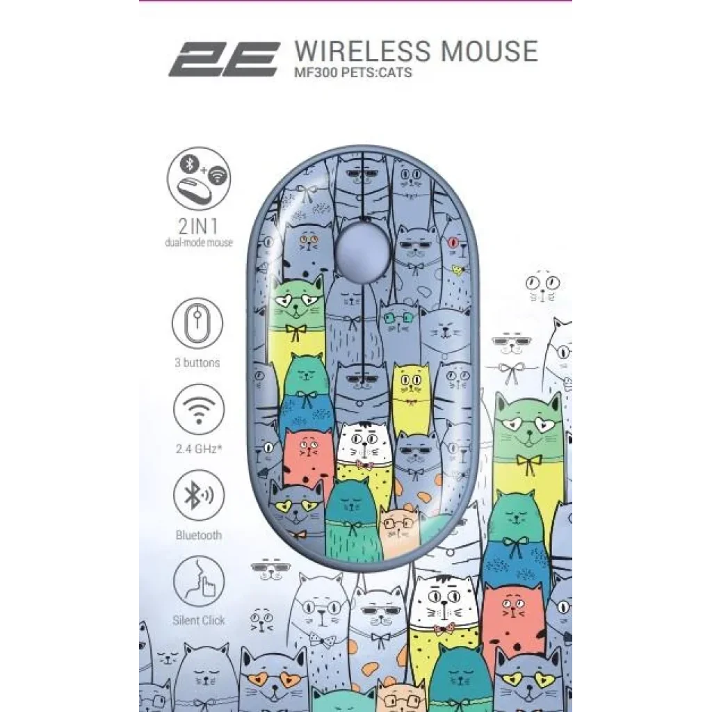Миша 2E MF300 PETS:CATS Silent WL BT, синій, 2E-MF300WPETSBL UA