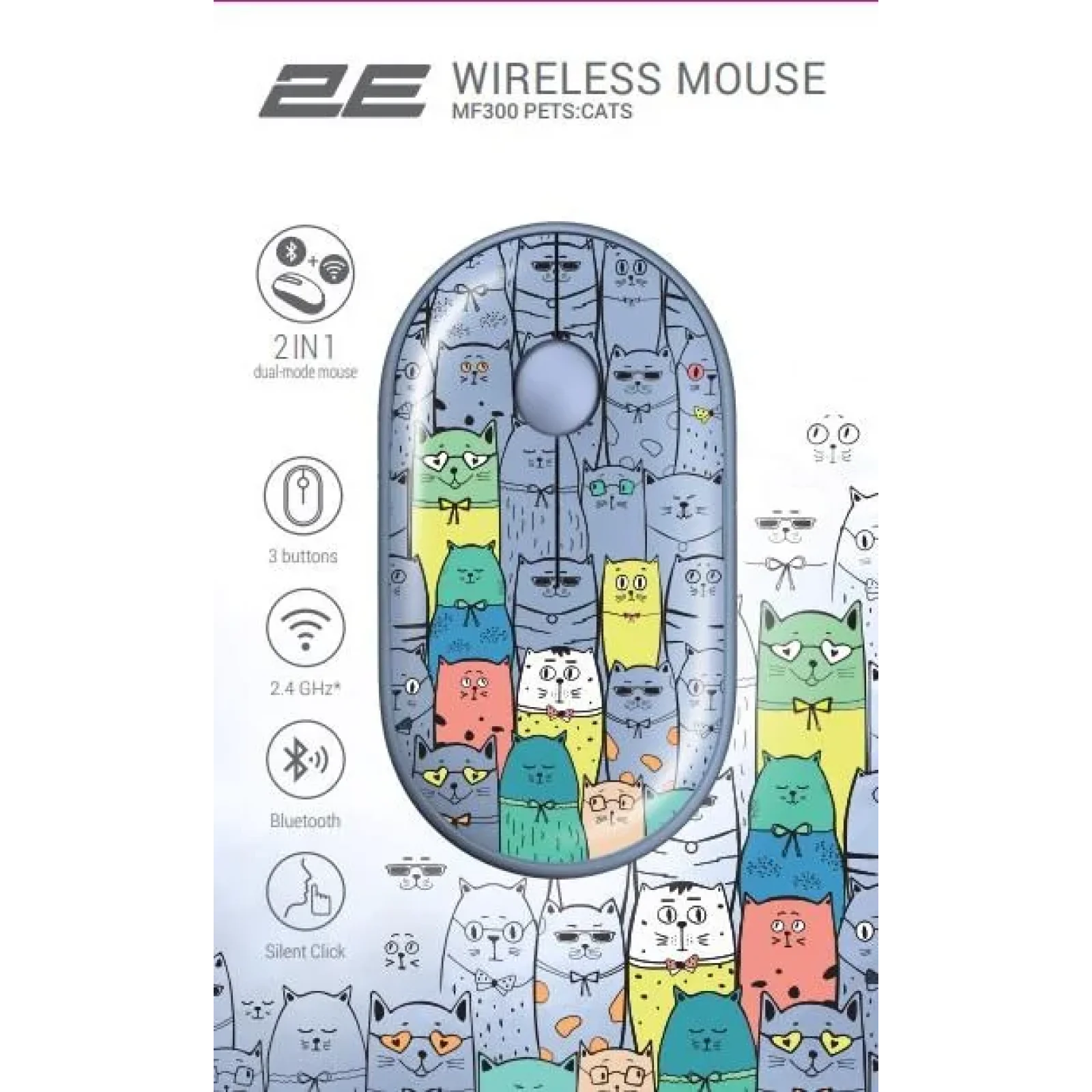 Миша 2E MF300 PETS:CATS Silent WL BT, синій, 2E-MF300WPETSBL UA