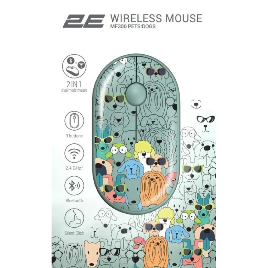 Миша 2E MF300 PETS:DOGS Silent WL BT, зелений, 2E-MF300WPETSGN UA