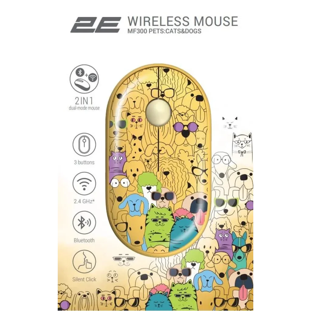 Миша 2E MF300 PETS:CATS&DOGS Silent WL BT, жовтий, 2E-MF300WPETSYW UA